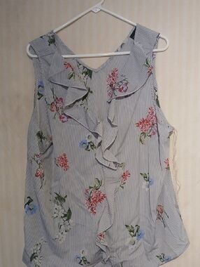 Striped Floral Ruffle-Front Sleeveless Camisole - Blue/Pink